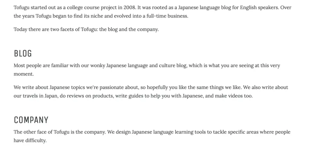 How to Start Your First ALT (Assistant Language Teacher) Job - Screenshot of "About" page on Tofugu website.